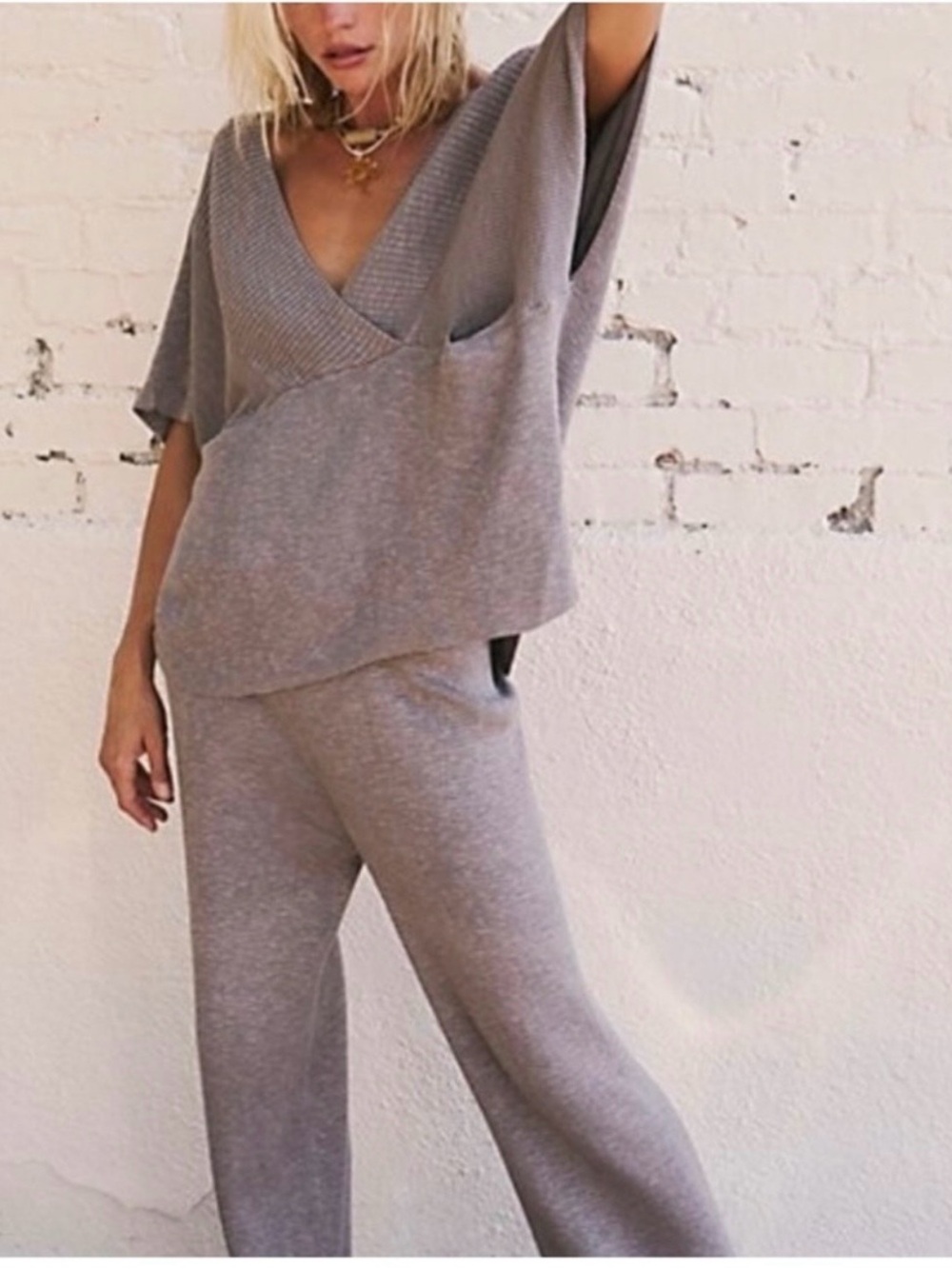 Free People Taupe Knit lounge Pants & Top Set